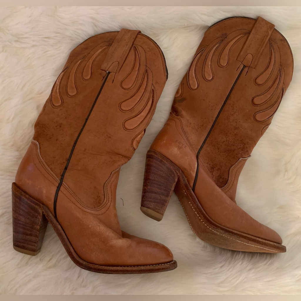 Frye Tan Leather Western Boots High Heel Women Size 5.5 Cowgirl Cowboy Girl 3.5